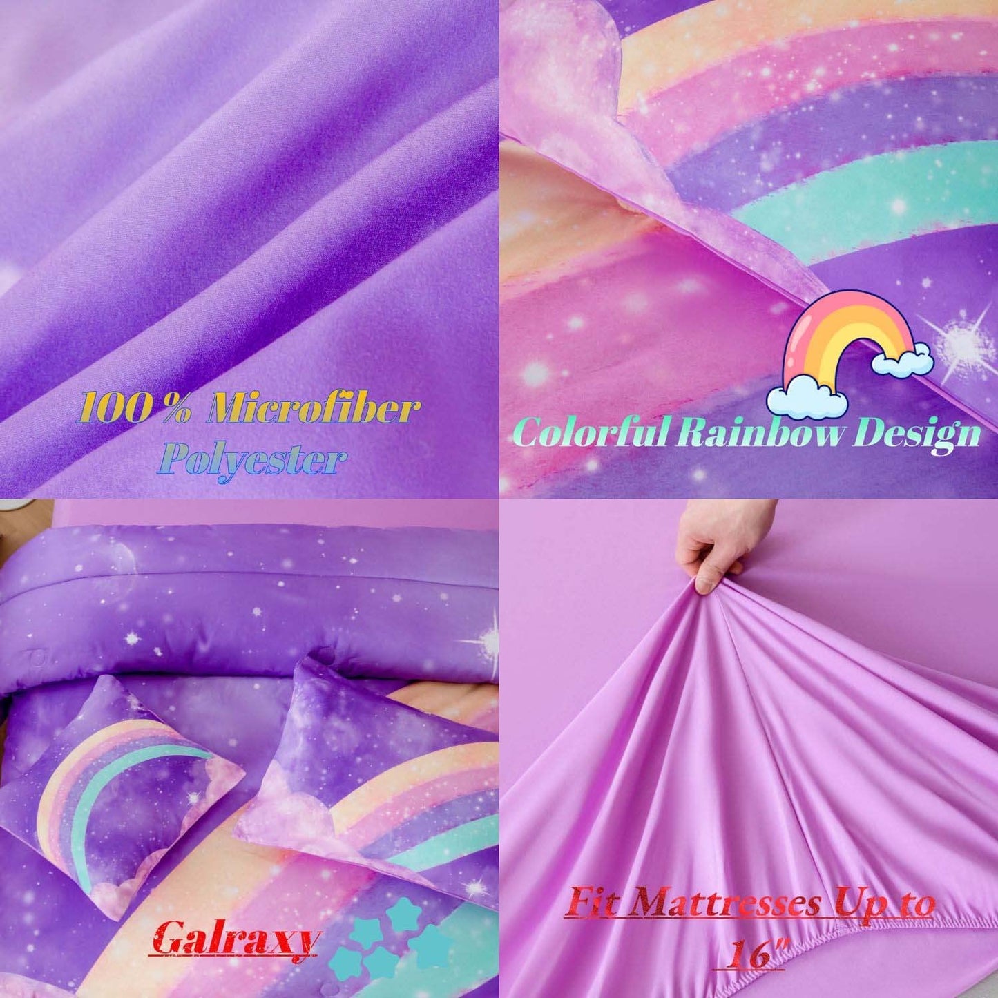 ANGIYUIN Deep Purple Girls Full Size Comforter Set Gradient Glitter Kids Bedding Sets 6 Pieces Soft Lightweight Galaxy Bed in A Bag with Sheets for Teens