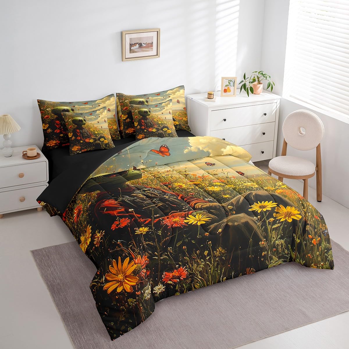 Feelyou Kids Alien Printed Comforter Set with Sheets Queen Size, Trippy Alien 7 Pieces Bedding Set Boys Girls Outer Space Bed in A Bag Butterfly Teens Bed Set Bedroom Decor 7Pcs