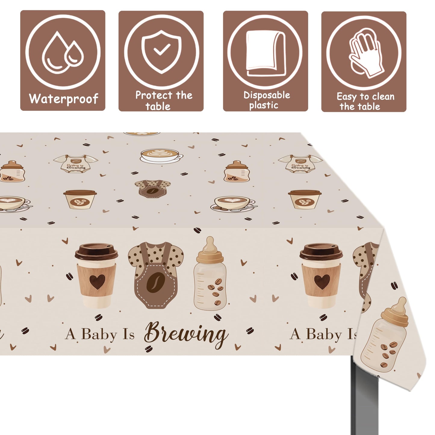 LUCKYQUBE Baby is Brewing Coffee Baby Shower Tablecloth, Neutral Brown Disposable Table Cover for Gender Reveal Party, Coffee Themed Baby Shower Supplies, Baby Bottle Tablecloth for Welcome Baby