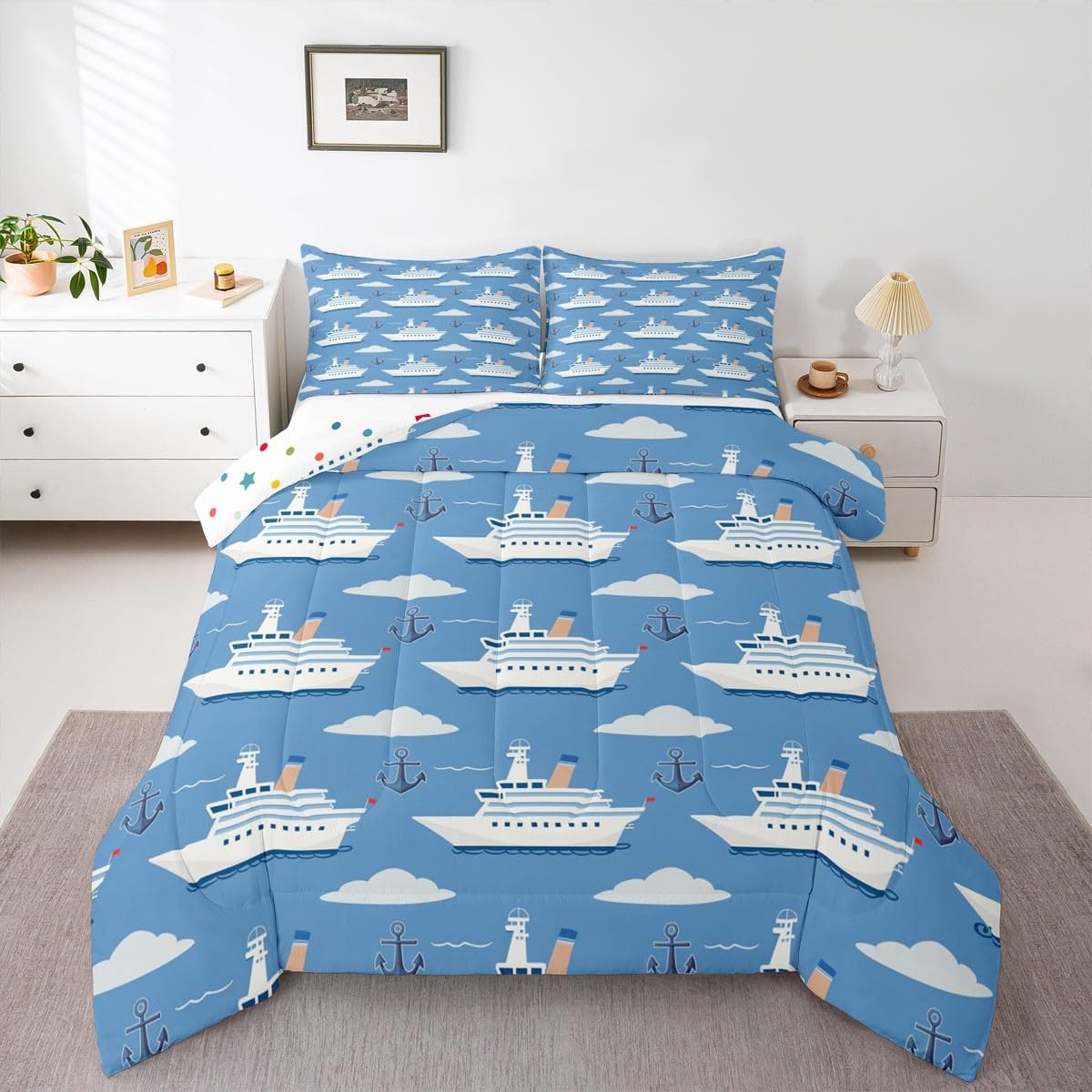 Erosebridal Boys Nautical Sailboat Bedding Set Full, Ocean Ship Comforter Set, Boat Anchor Comforter, White Cloud Blue Sky Nautical Quilt for Kids Teens Youth Men Bedroom, 3 Piece