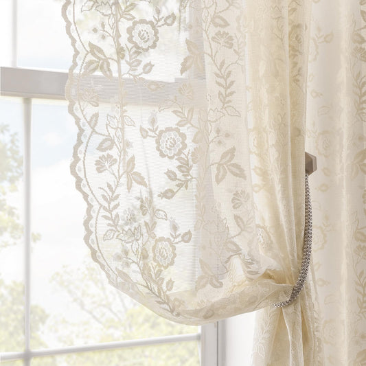 FINECITY Beige Lace Curtains 36 Inch Length 2 Panels Rusitc Leaf Floral Short Sheer Curtains for Kitchen Window Over Sink, Rod Pocket Privacy Light Filtering Lace Cafe Curtain, 42 x 36 Inch