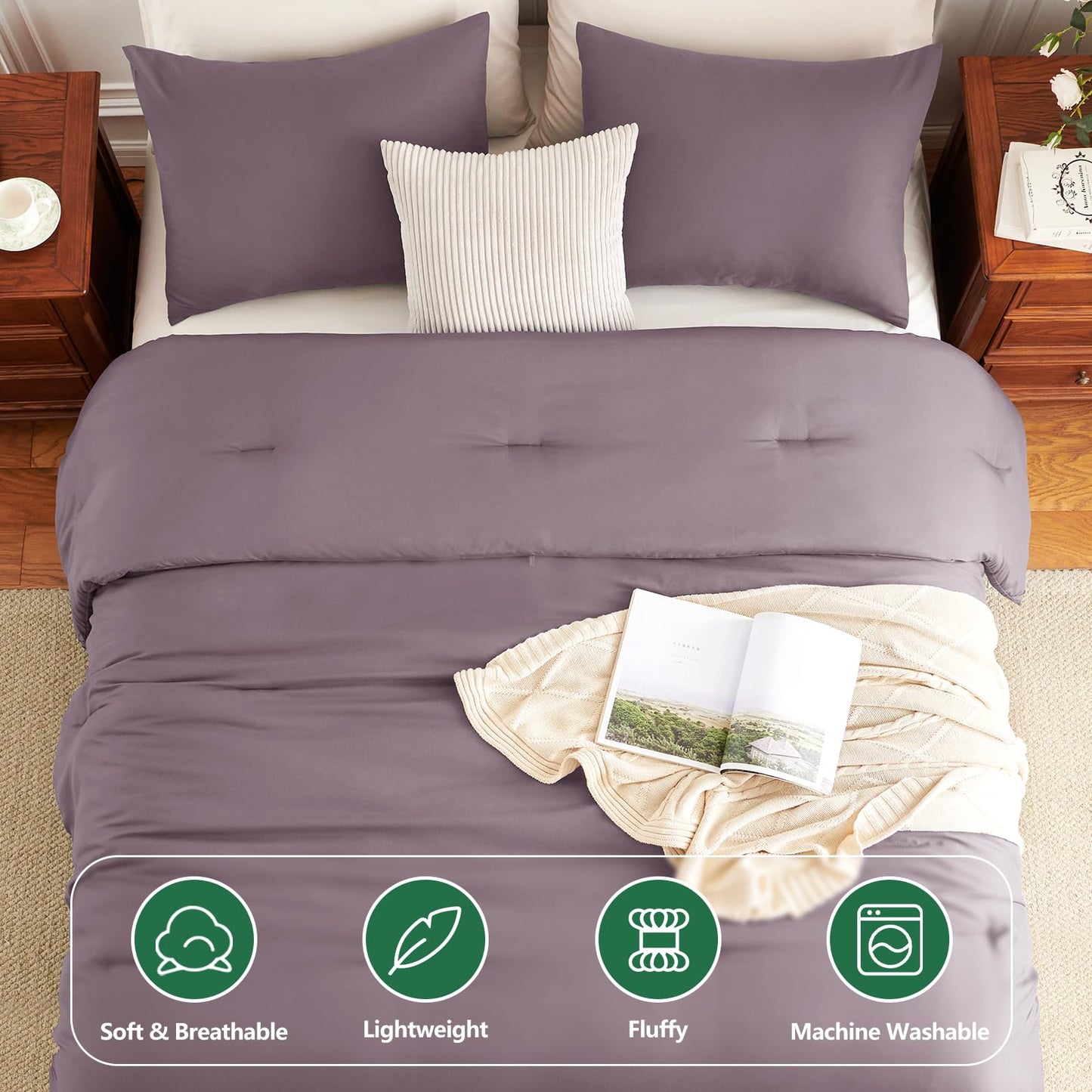 HIMEET King Size Comforter Set 3 Piece, 270GSM Down Alternative Fill, Oeko-TEX Certified, Quilted with 8 Corner Ties, All Season Bedroom Bedding with 2 Pillowcases, Dusty Purple