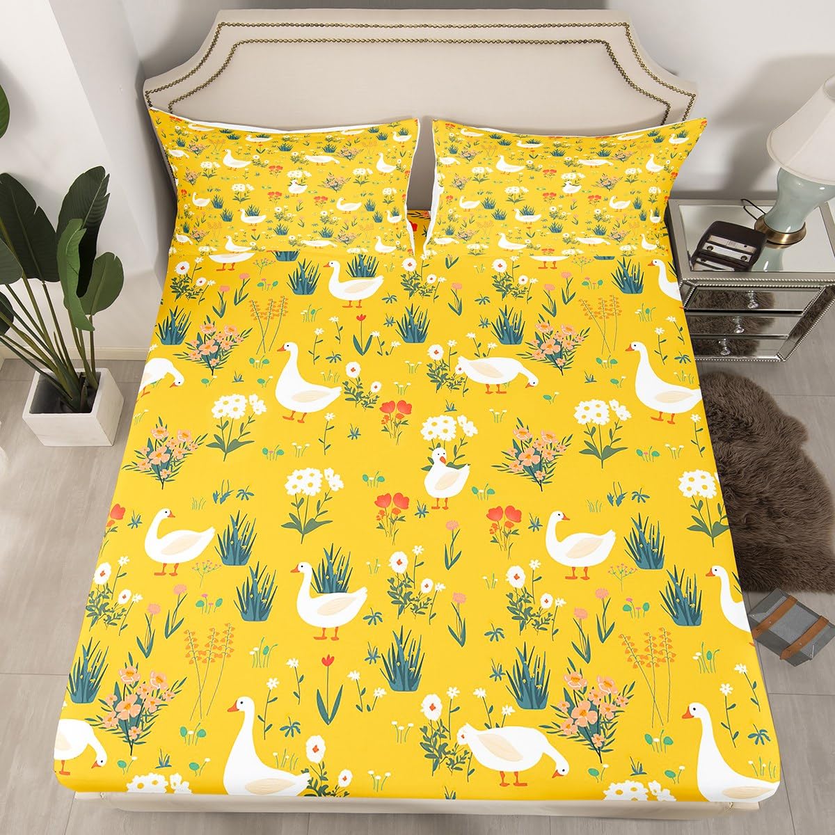 Erosebridal Wildlife Flowers Sheet Set Full,Rustic Goose Duck Bed Sheets for Kids Boys Girls,Garden Leaves Plants Bedding Set,Farm Animal Fitted Sheet + Top Sheet + 2 Pillowcases Wrinkle Free