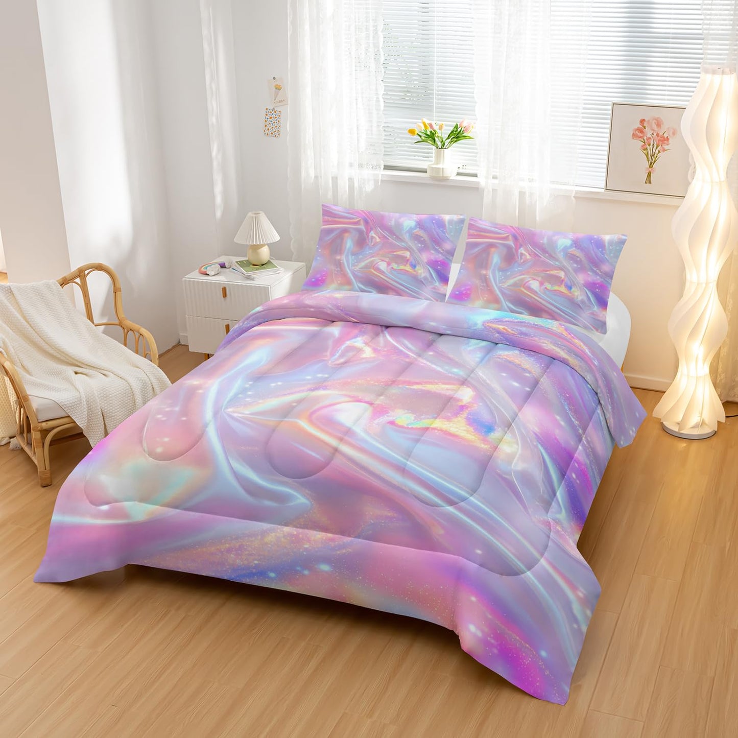 Nttopship Pink Abstract Art Comforter Modern Abstract Comforter Set,Rainbow Gradient Star Bedding Set Full Size 3PCS,Mordern Art Decor All Season Lightweight Soft Microfiber with 2 Pillow Shams