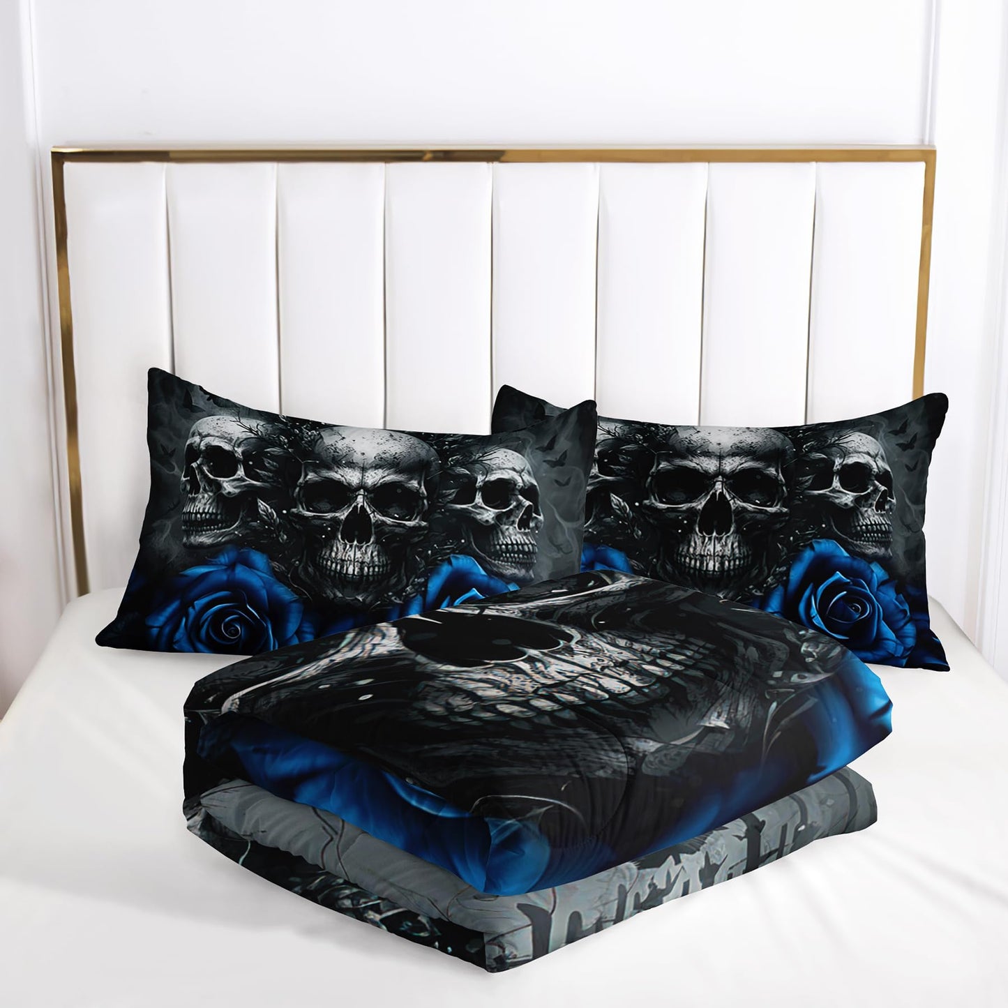 Tuzaovy Skull Bedding Set Queen Size,Goth Bedding Sets Queen with Comforter,Skull Comforter Set,Rose Comforter Halloween Skull Bed Comforter,Black Bedding Skull Quilt