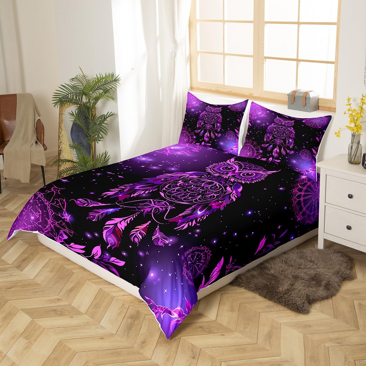 Dreamcatcher Duvet Cover Girls Boho Dream Catcher Owl Bedding Set Bohemian Exotic Mandala Comforter Cover for Kids Women Room Decor Chic Purple Galaxy Bedspread Cover Queen Size With 2 Pillow Case