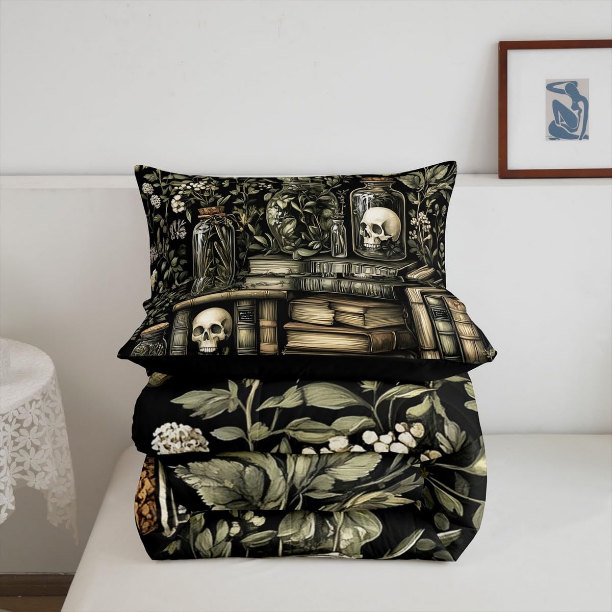 jejeloiu Dark Academia Bedding Set 2Pcs Twin Size Kids Skull Comforter Set for Boys Girls Goth Duvet Quilt Soft Lightweight,Microfiber