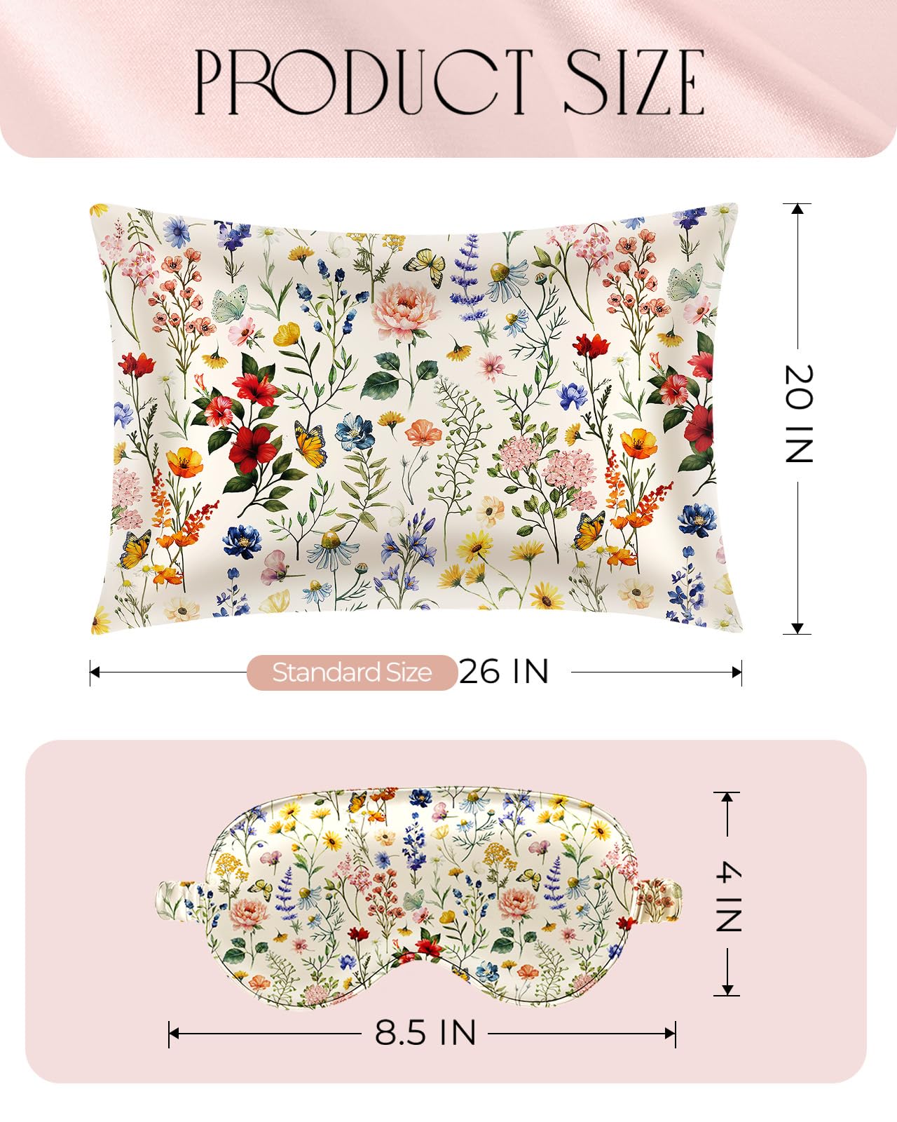 Miss Adola Mulberry Silk Pillowcase Set - 1 Pc Silk Pillowcase with Eye Mask & Scrunchie, Soft Standard 20"x26" Pillow Case for Hair and Skin, Sleeping Gift for Women, Flower Floral