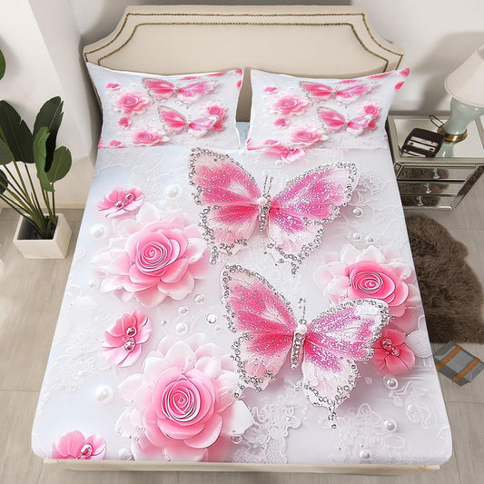 jejeloiu Kids Butterfly Fitted Sheet Twin Size for Kids Boys Girls Butterflies Print Bed Sheets Set 16" Deep Pocket Soft Breathable Microfiber Rose Bedding with 1 Pillowcase Garden Flower Room Decor
