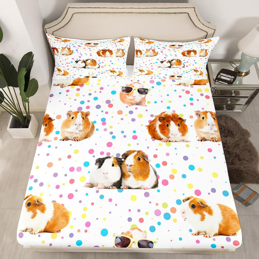 Guinea Pig Fitted Sheet for Girls Boys Children Kids Cute Cavy Pattern Bedding Set Decorative Cartoon Lovely Pet Animal Bed Sheet Set Colorful Polka Dots Bed Cover No Flat Sheet Twin Size 2Pcs