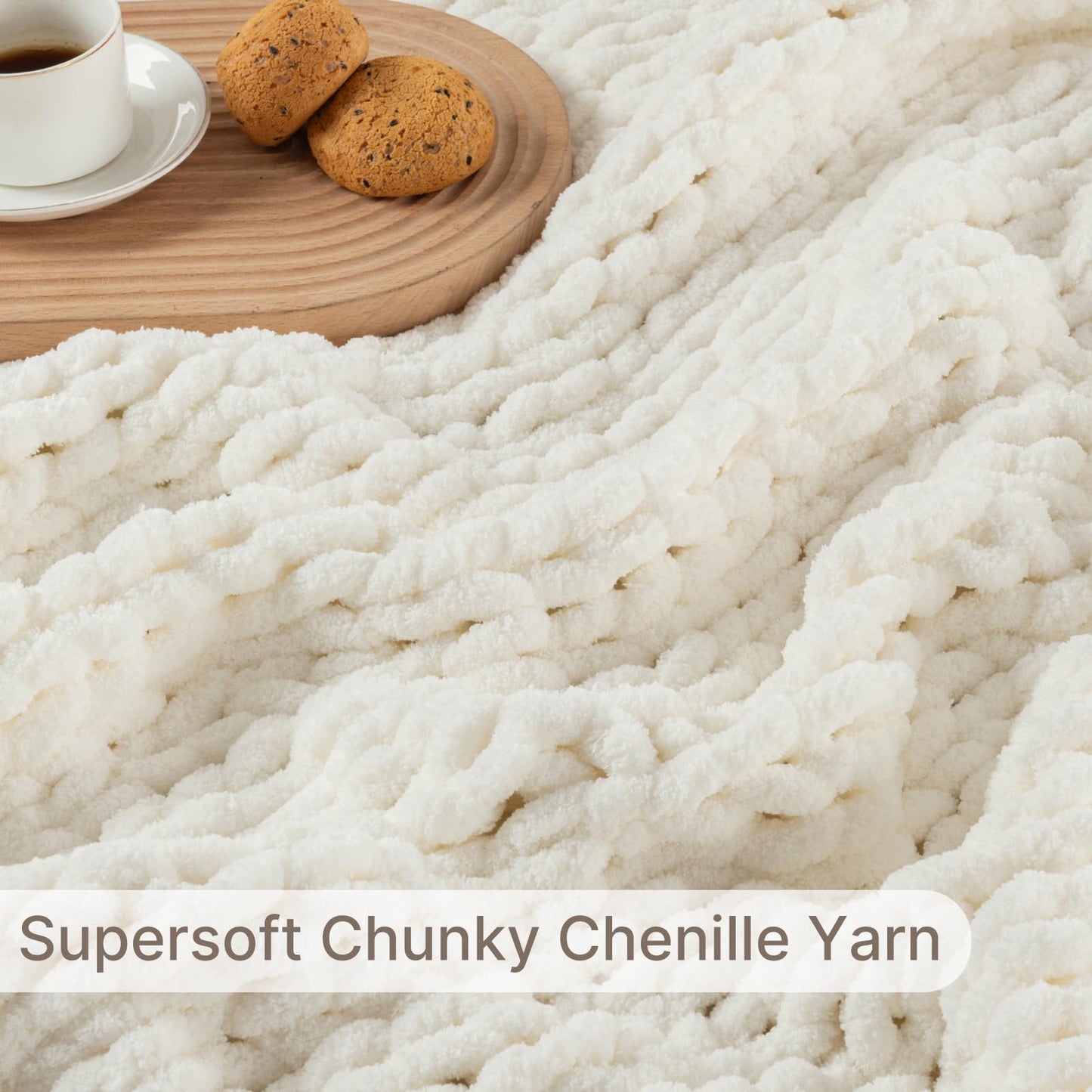 LAST MODA Chunky Knit Blanket Throw, 100% Hand Knit Throw Blanket Handmade Chenille Cable Knit Throw for Couch, Stylish Cozy Soft Rope Knot Crochet Blanket for Home Decor, Ivory, 50x60 Inches