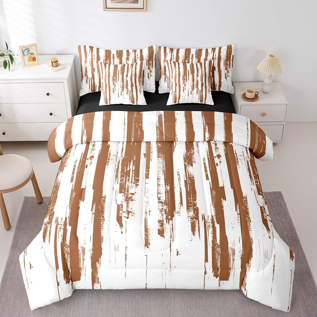 Erosebridal 7Pcs Brown and White Geometric Comforter Set King,Modern Abstract Striped Bedding with Bed Sheets,Boho Graffiti Watercolor Quilt Set for Women Men,Contemporary Aesthetic Art Bed in A Bag