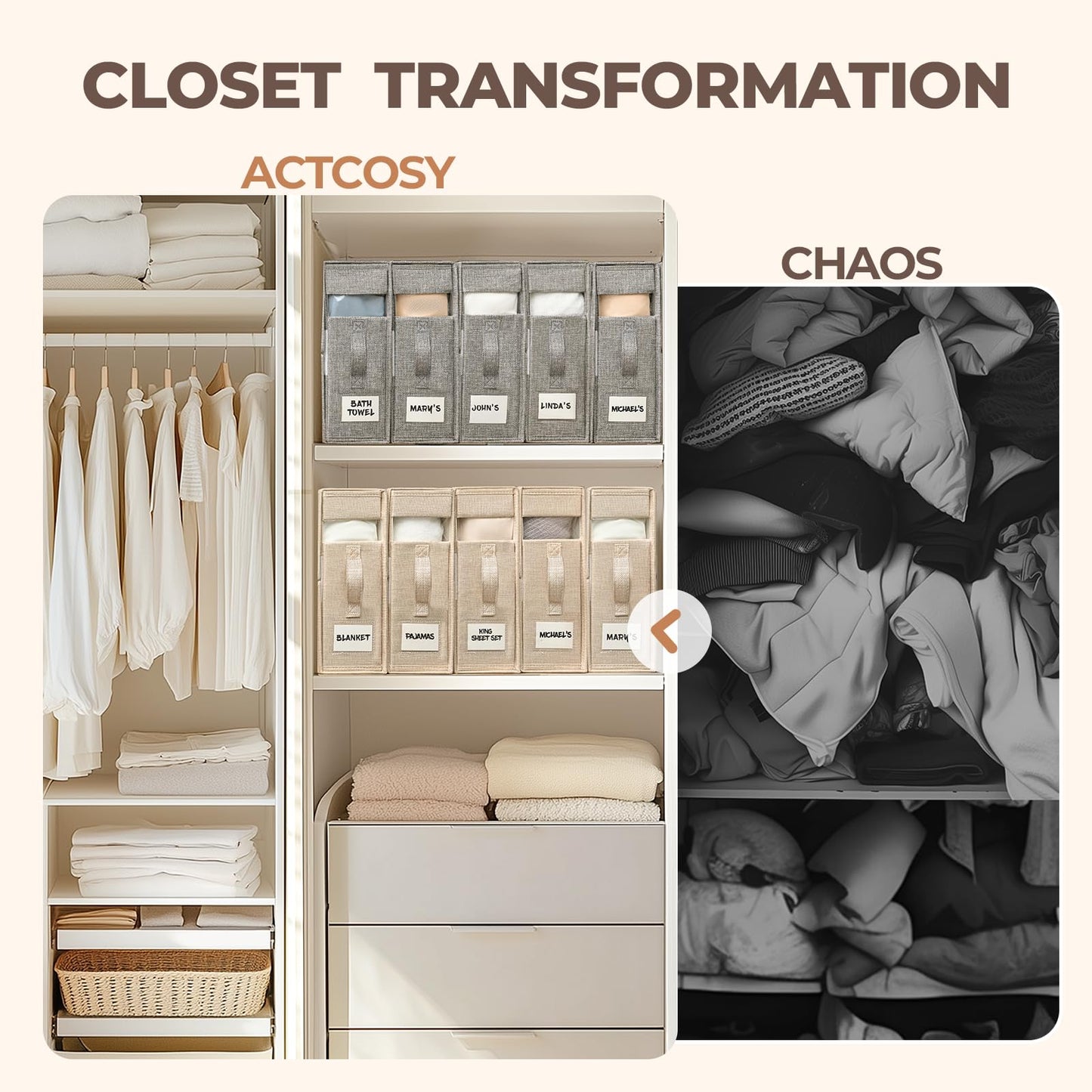 ActCosy 8Pack Sheet Organizers and Storage with Handles – Foldable Linen Closet Storage for King & Queen Sheet Sets – Clear Window & Removable Labels – Dustproof & Space-Saving Design, 8Pack, Grey