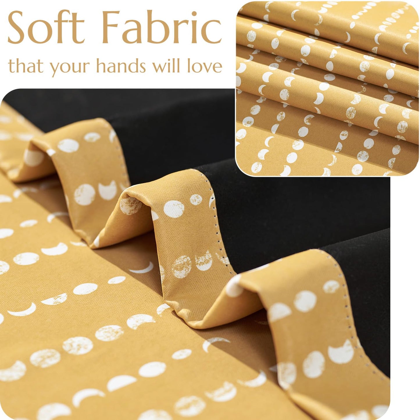 jinchan 95% Blackout Boho Curtains 84 Inches Long Mustard Moon Phases Printed Drapes Rod Pocket Thermal Insulated Curtains for Bedroom Nursery Yellow Window Drapes Curtain Set 2 Panels