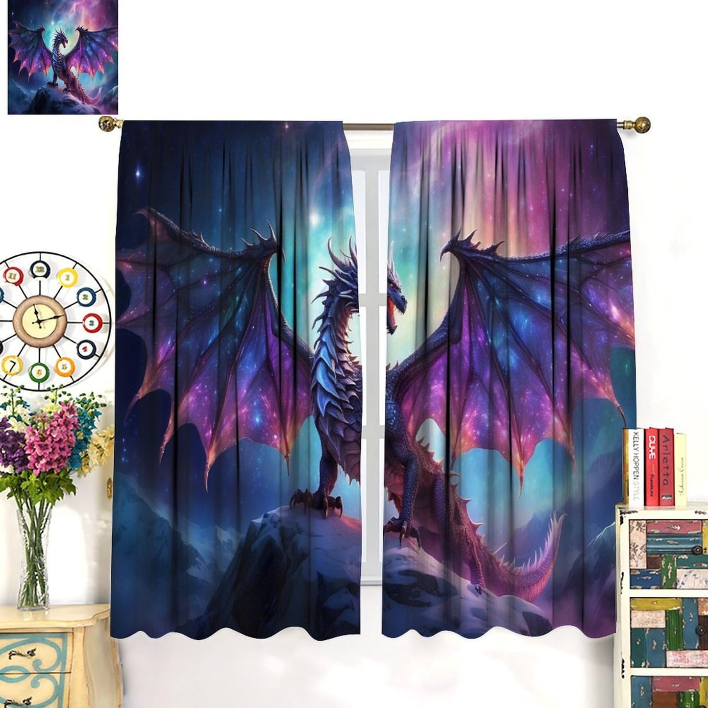 Fantasy Dragon Curtains for Bedroom,Mystic Magic Star Epic Adventure Fantasy Wings Fire-Breathing Dragon Animals Dragon Window Drapes Print for Kids Boys Girls Living Room 42x45in (No Blackout)