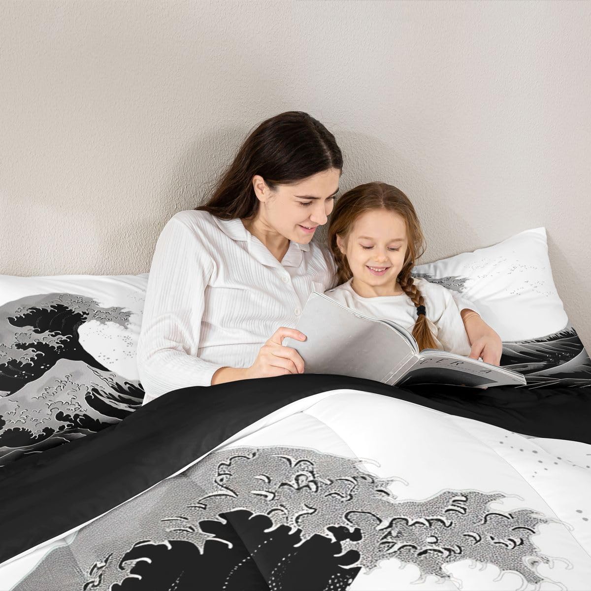 jejeloiu Black and White Wave Kids Comforter Set Queen Size Japanese Style Bedding Set Ocean Wave Duvet Quilt for Kids Boys Girls Bedroom Decor Microfiber Ultra Soft Breathable