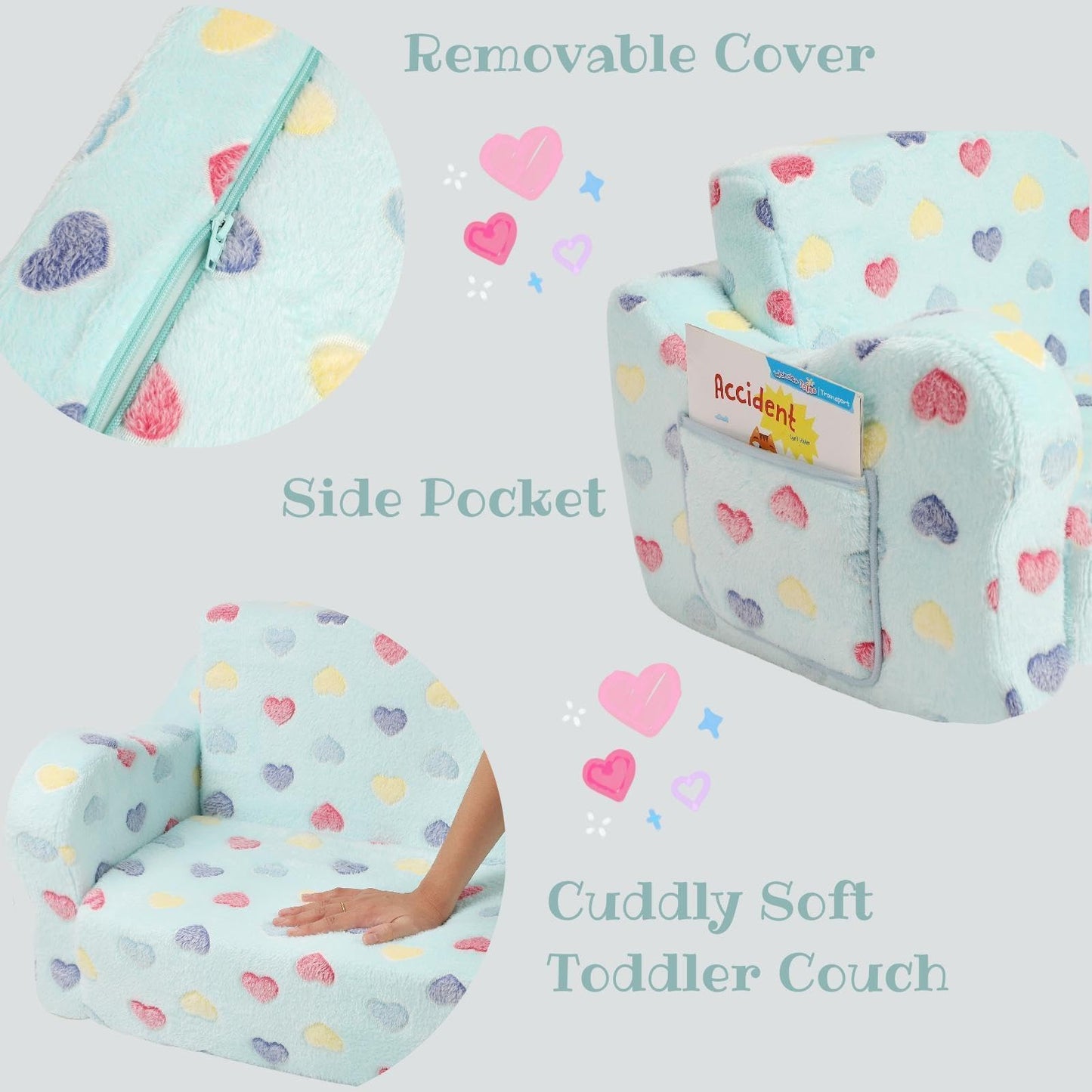 MOMCAYWEX Toddler Couch, 2-in-1 Kids Soft Couch Fold Out with Star Pillow, Foldable Sofa to Lounger, Medium, Colorful Heart