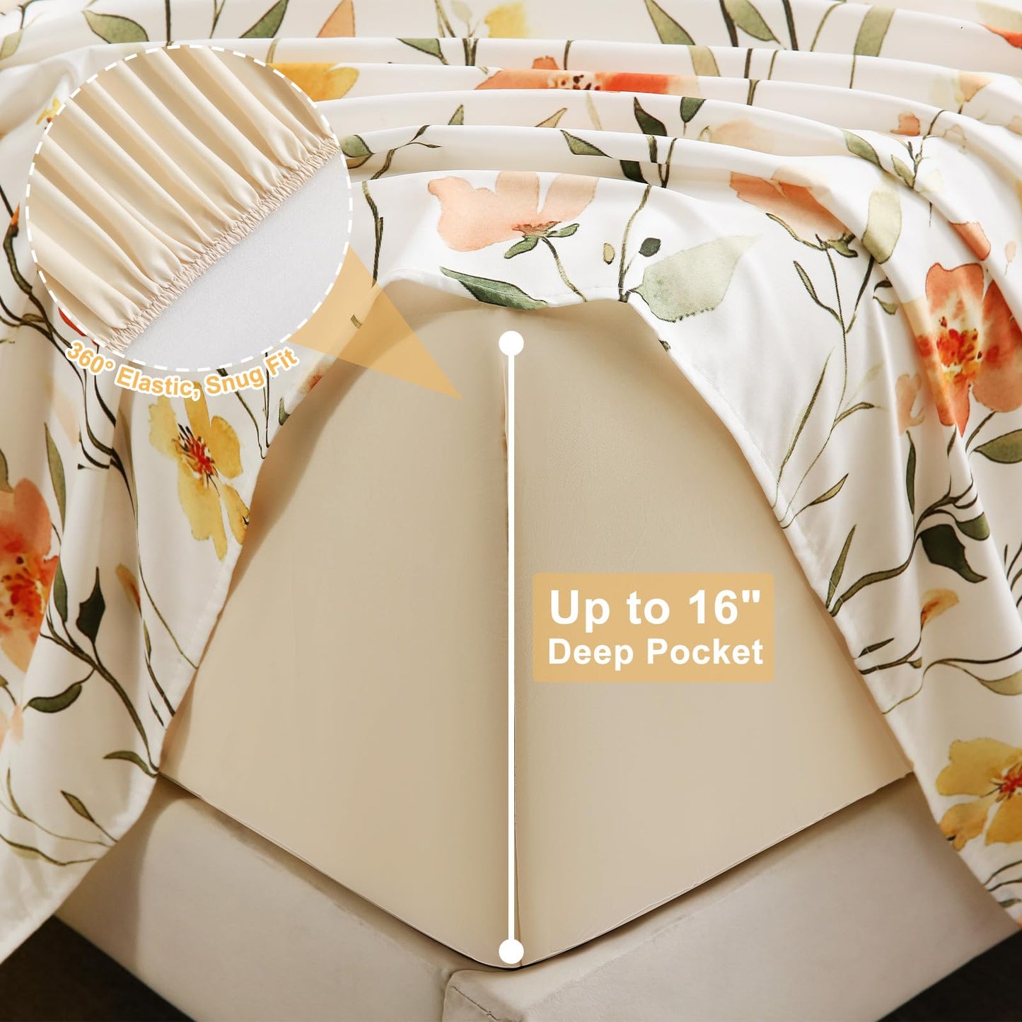 Botanical 6-Piece Full Size Sheets Set, Boho Floral Print Brushed Microfiber Sheets, Cooling Bed Sheet Set, Ultra Soft & Breathable, 16' Deep Pocket Fitted Sheet & Pillowcase Set, Beige Floral