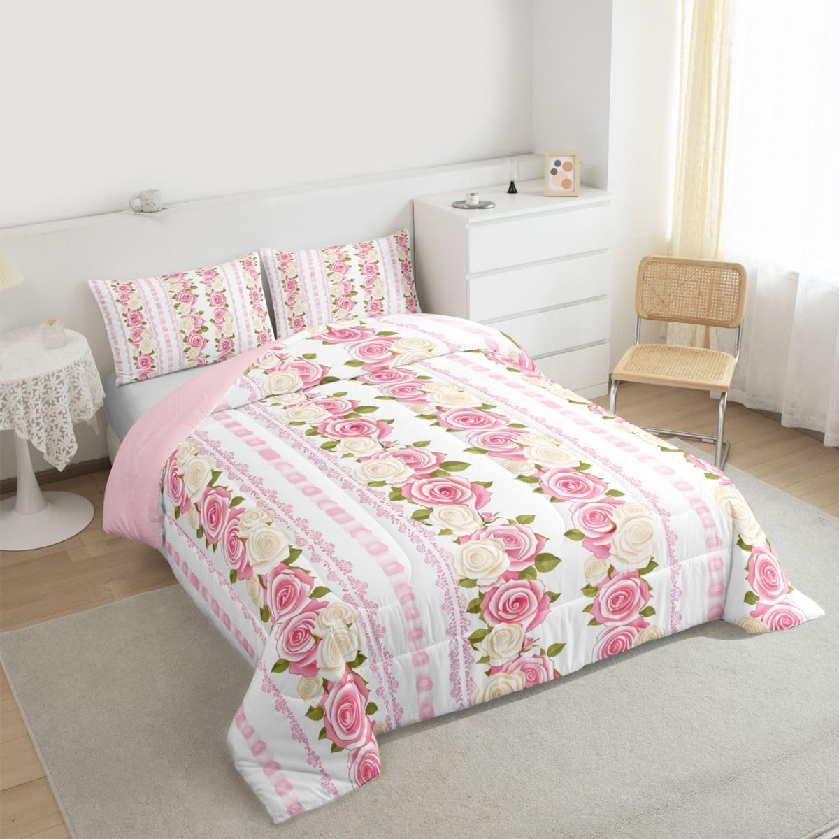 jejeloiu Pink Rose Comforter Set All Season Romantic Flower Floral Bedding Set with 1 Pillow Cases Farmhouse Microfiber Kids Toddler Bedclothes Bedroom Decor Duvet Quilt Breathable Soft Lightweight