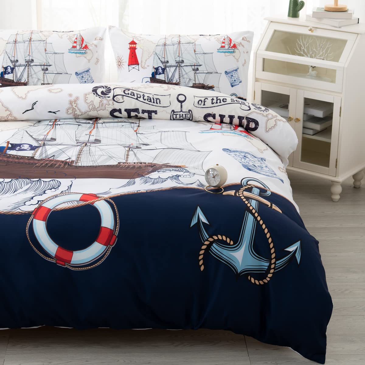 CVHOUSE Nautical Bedding Set King Size,Nautical Sailboat Bed for Boys Teens,Ocean Themed Sailing Anchor Comforter Cover Soft,Anchor Duvet Quilt King 90'x102'