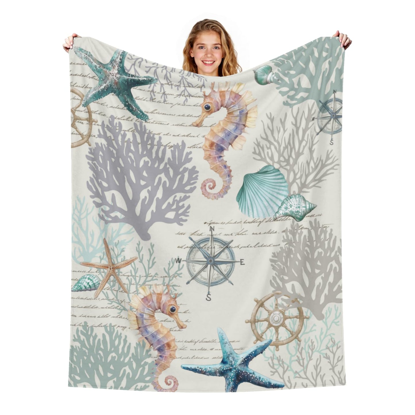 Nautical Coastal Blanket - Starfish Coral Seashell Compass Throw Blankets for Couch Chair Decor, Teal Blue Ocean Themed Lightweight Soft Fuzzy Cozy for Sofa Bed Room 50 x 60 Inch