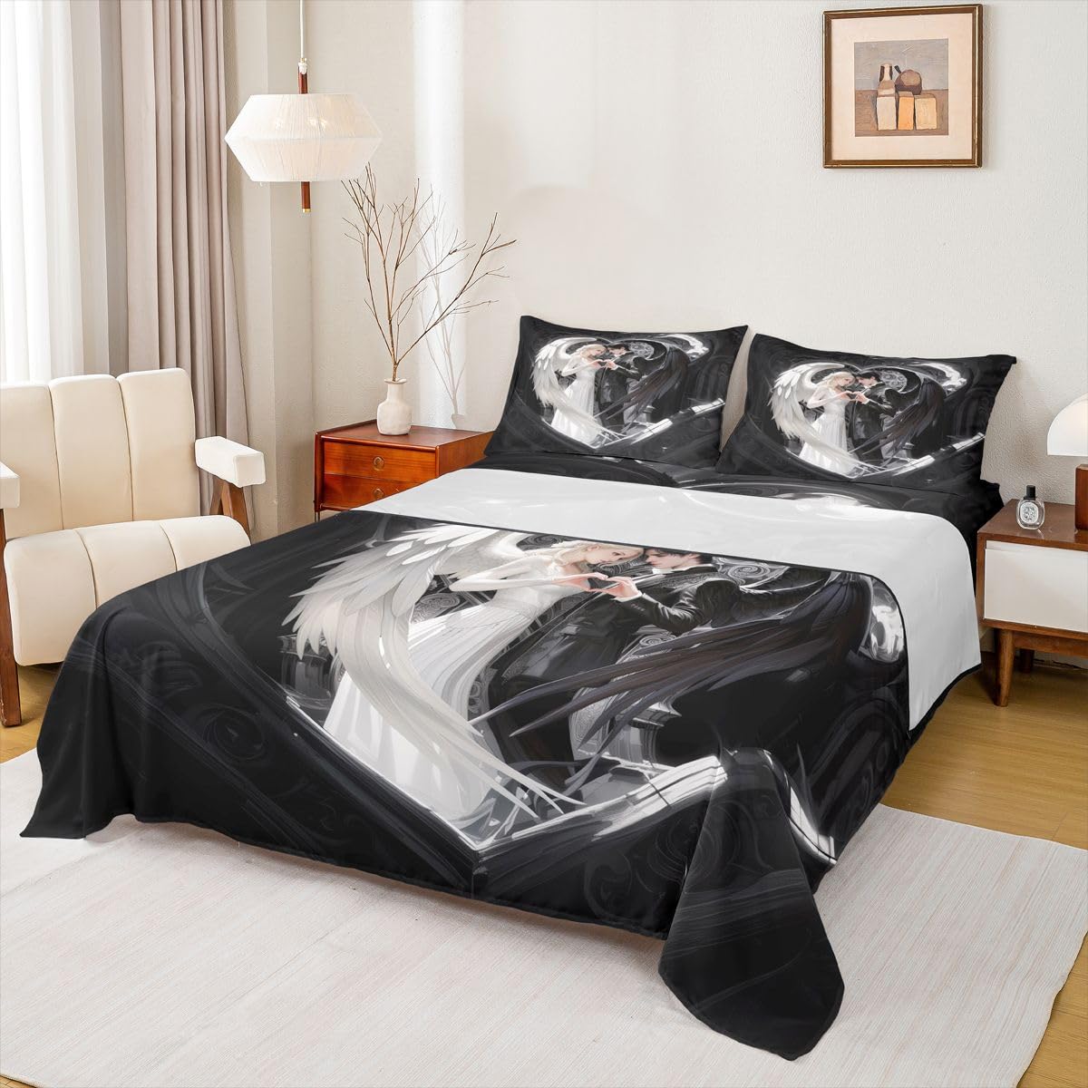 Erosebridal Angel Wings Sheet Set Full Black and White Angel Bed Sheets Set Romance Love Sheets for Boys Girls Princess Fairy Style Flat Fitted Sheet with 2 Pillow Cases