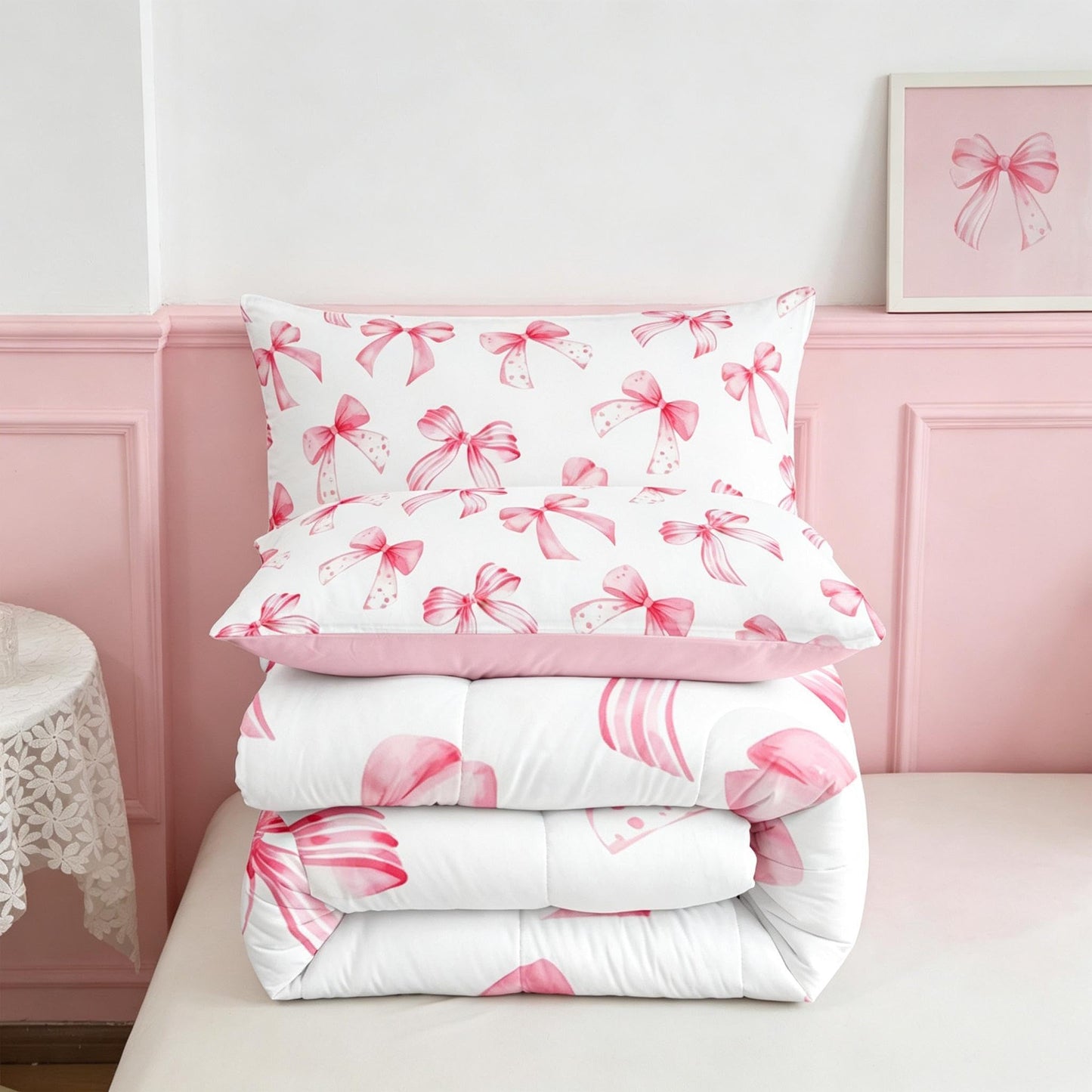 Feelyou Kawaii Pink Bow Bedding Set for Kids Boys Girls Twin Size Cute Dreamy Princess Style Comforter Set Ultra Soft Bow Pattern Comforter Cute Coquette Bow Knot Duvet Quilt Bedroom Decor Quilt