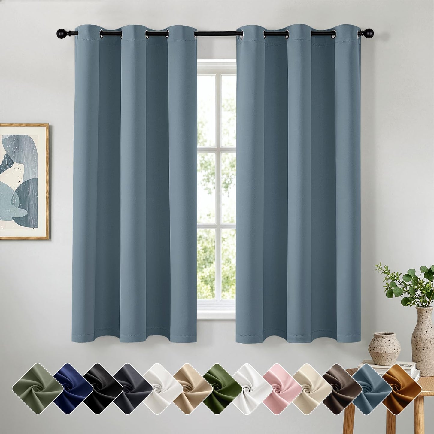 Woaboy Stone Blue Blackout Curtains for Bedroom Living Room 63 Inch Long 2 Panels, Solid Thermal Insulated Grommet Drapes, Room Darkening Sunlight Blocking Window Treatments, W40 x L63 Inch