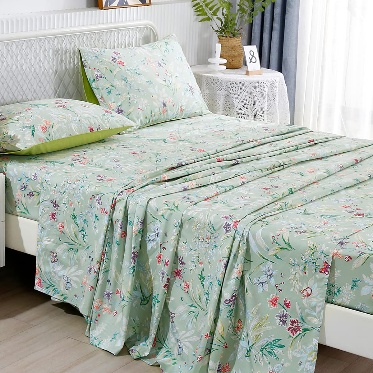 URBONUR Garden Floral Sheets Set Sage Green 4Pcs Queen Size, Egyptian Cotton Silky Cooling Bed Sheets Set, Wrinkle Resistant Deep Pocket 16 Inches (Queen, Green Leaves Butterfly & Floral)