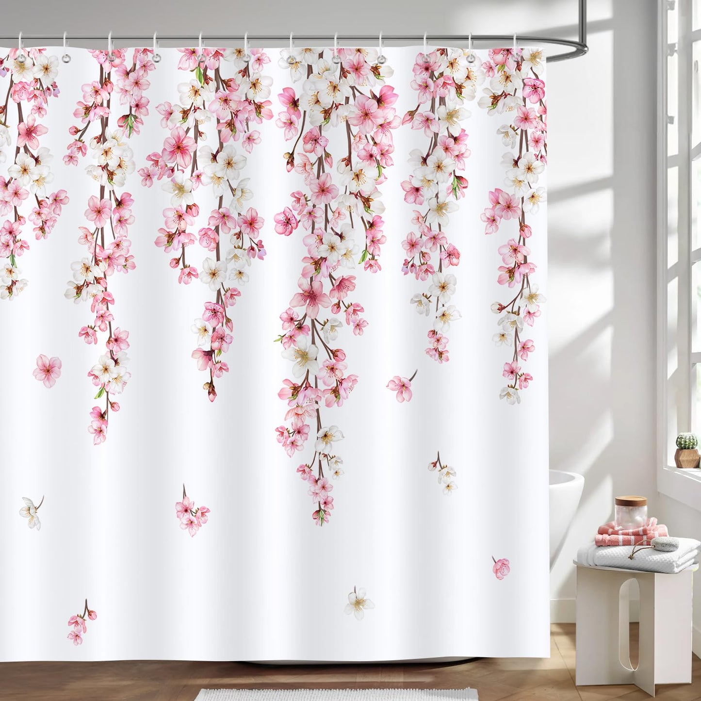 Bonhause Pink Cherry Blossom Shower Curtain, Spring Floral Japanese Sakura Bathroom Decor 72 x 72 Inch Polyester Fabric Waterproof Bath Curtain with 12 Hooks