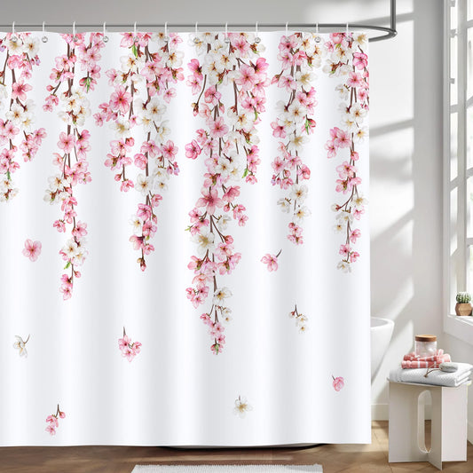 Bonhause Pink Cherry Blossom Shower Curtain, Spring Floral Japanese Sakura Bathroom Decor 72 x 72 Inch Polyester Fabric Waterproof Bath Curtain with 12 Hooks