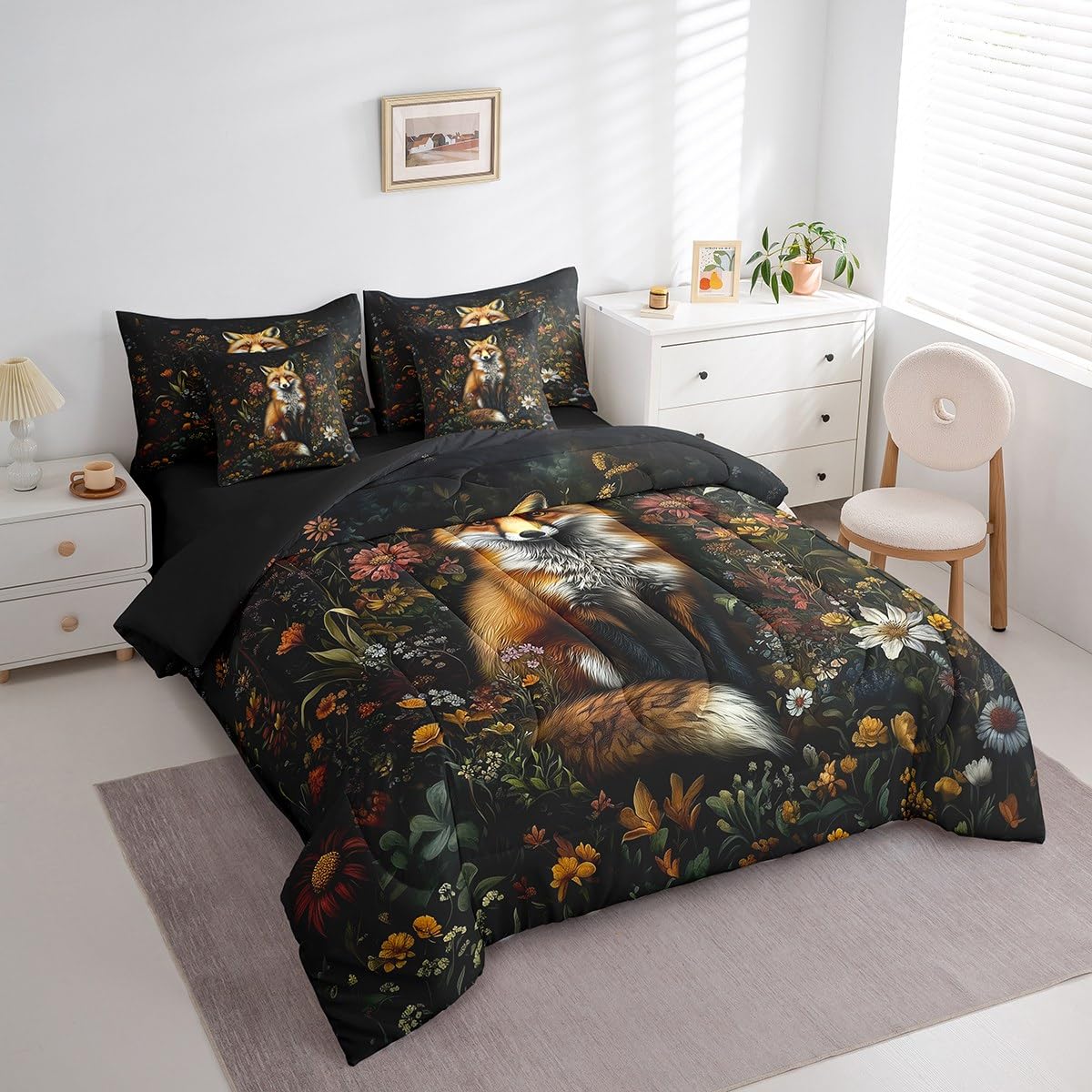 Erosebridal Fox Comforter Set King Size,Cartoon Zoo Animal Bedding Set for Kids Teens,Oil Art Garden Floral (Comforter+Fitted+Flat Sheet+2 Pillowcases+2 Throw Pillow Covers) 7 Pieces Bed Set