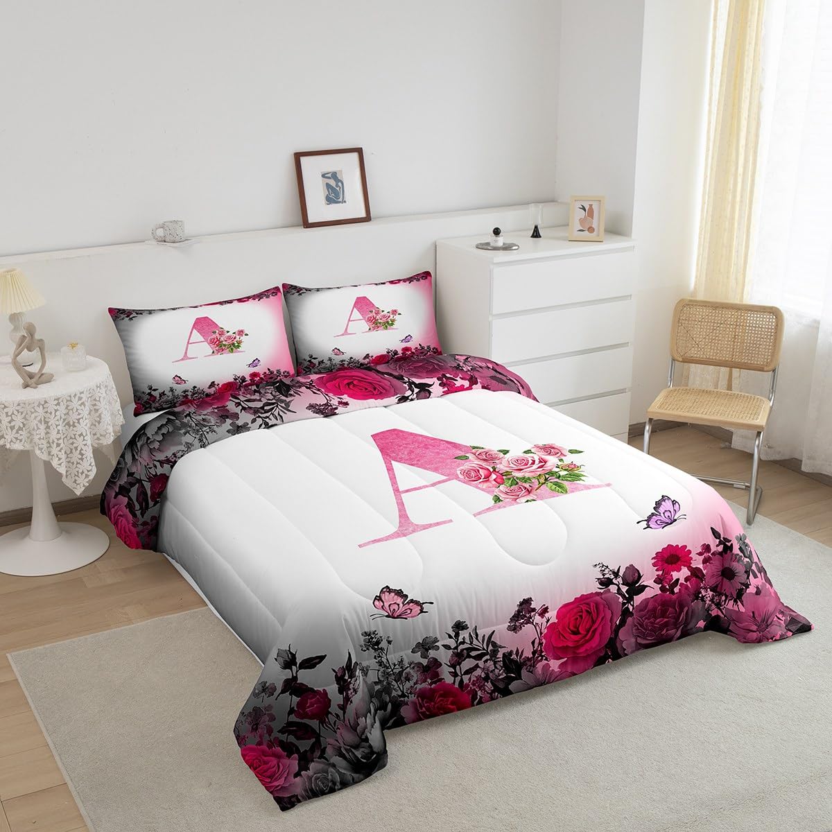 jejeloiu Letter Flowers Comforter Set Queen Size for Kids Teens Girls Woman Personalized Initial A Bedding Set Ultra Soft Black Pink Floral Rose Butterfly Duvet Quilt Monogrammed Duvet Modern Fashion
