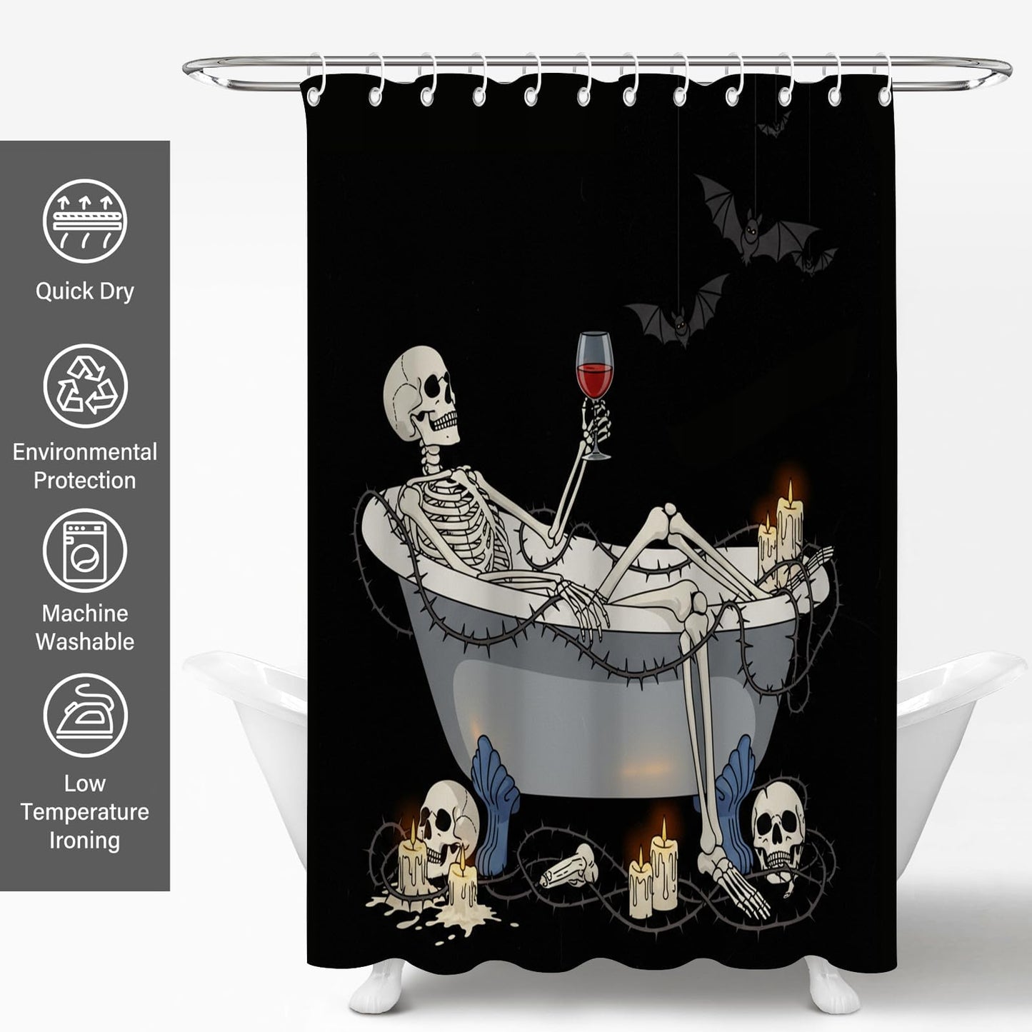 TSLOVER Gothic Black Skull Shower Curtain for Bathroom,Horror Skeleton Shower Curtains,Funny Waterproof Polyester Minimalism Skull Bathroom Decor Accessories,72x72 Inch