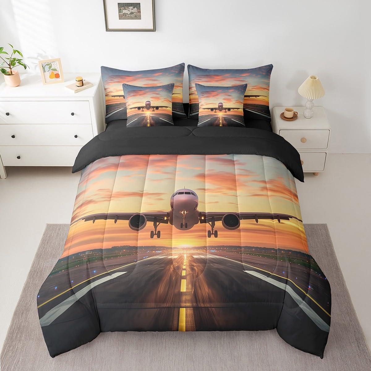 Erosebridal Airplane Full Bedding Set 7 Piece Aircraft Bed in A Bag Airport Runway Comforter Set for Kids Boys Adults Men Airplane Sheet Set with Comforter