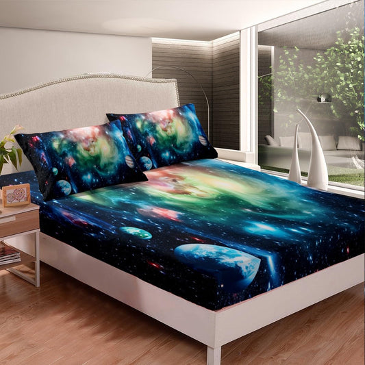 Feelyou 3D Galaxy Outer Space Bedding Set Kids Boys Girls Boho Psychedelic Fitted Sheet Universe Planet Bed Sheet Set Astronomical Bed Cover,Room Decor 3Pcs Sheets Full Size