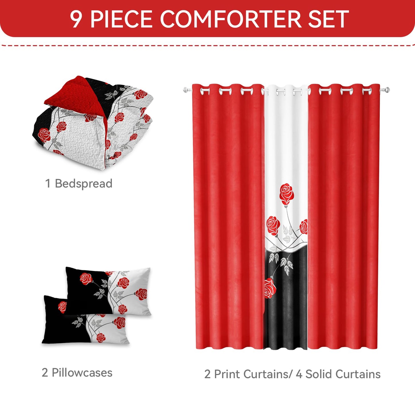 CozyCreatures Vintage Boho Red Rose King Light Comforter Set, 9-Piece Bed in a Bag with Curtains, Brushed Microfiber Bedspread Set with Matching Curtains for Master Bedroom, Machine Washable