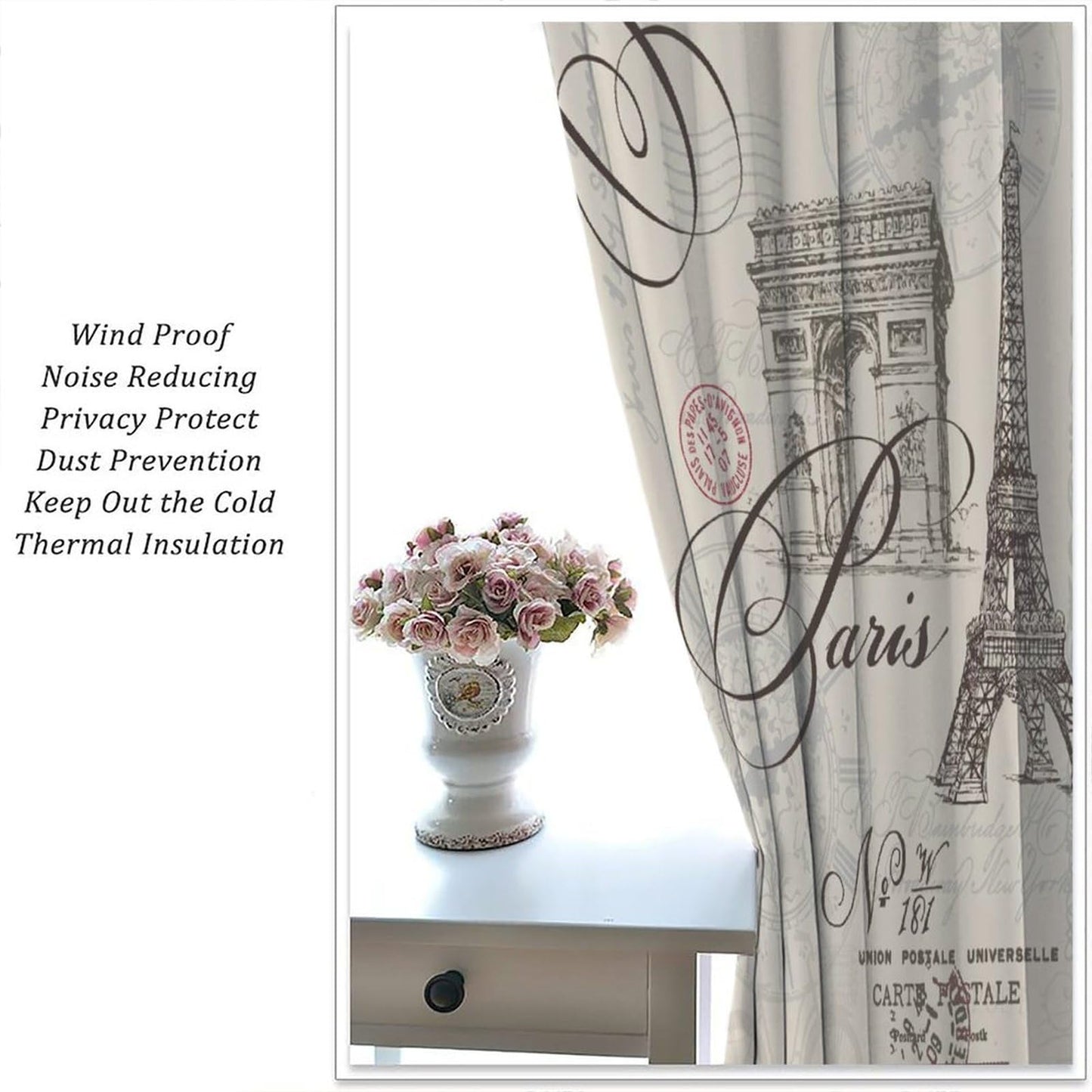 VUMIVI Vintage Stamps Curtains Paris Eiffel Tower Arc De Triomphe Postmarks Blessings Window Treatments for Bedroom Living Room Office Kitchen 42" W X 44.5" L
