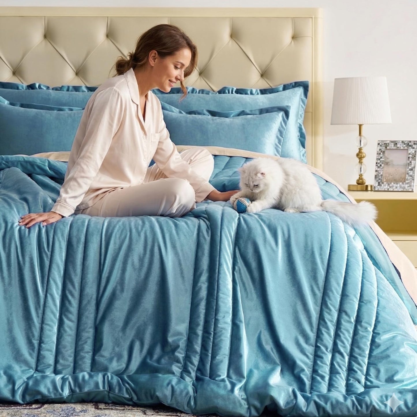 Blue Velvet Bedding Comforter Sets: Queen Size 3 Piece Luxury Ultra Soft Bed Set Suitable for All Seasons - Grayish Blue Cozy Striped Modern Rustic Lightweight Men Women Bedroom Comforter with 2 Shams