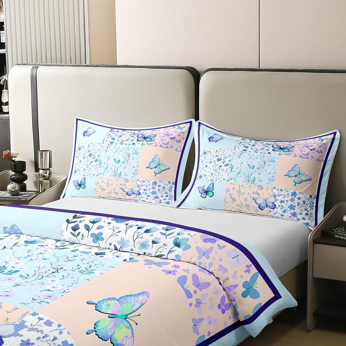 Erosebridal Blue Butterfly Duvet Cover Twin Size 100% Cotton,Chic Butterflies Decorations Comforter Cover,Cute Patchwork Plaid Bedding Set for Girls Kids Teens Rustic Chic Flowers Bed Set