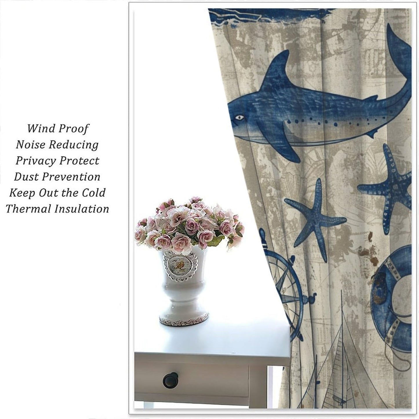 TOWINSFB Compass Sailboat Shark Blackout Curtains, Retro Nautical Ocean Starfish Home Decor Rod Pocket Window Drapes for Living Room Bedroom - 42" W x 45" L