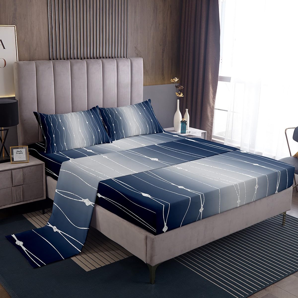 Erosebridal Navy Blue and Gray Gradient Bed Set Watercolor Ombre Bed Sheets Set, Abstract Aesthetic Sheet Set Queen Wave Line and Dots Sheets, Geometric Top Sheet Room Decor