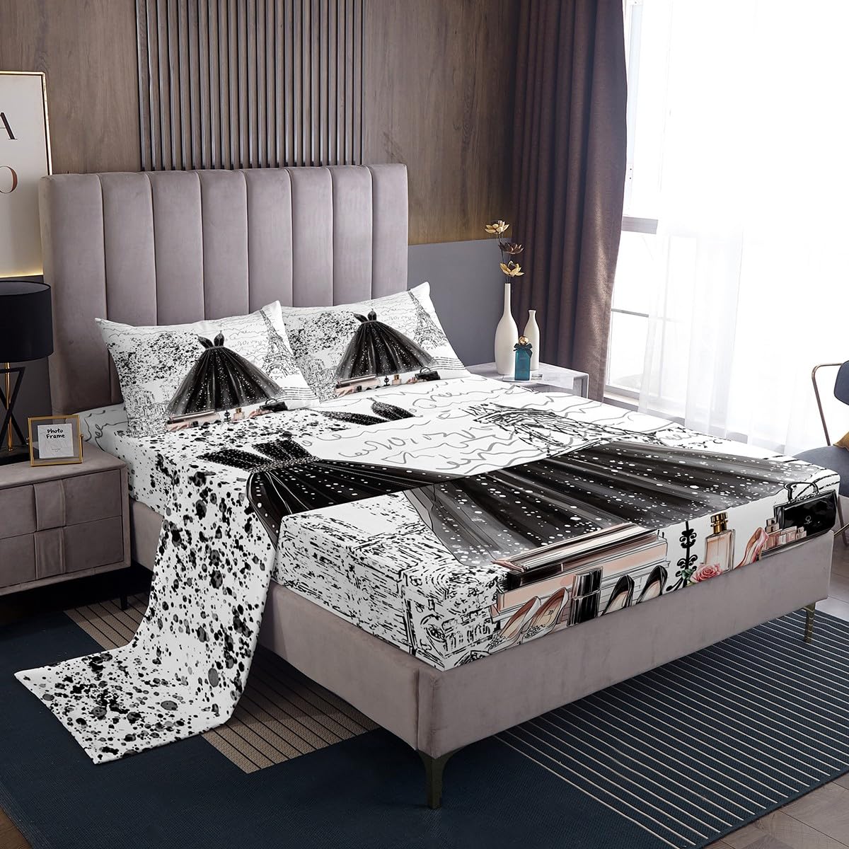 Erosebridal Fashion Girly Dress Sheet Set King Size Black White Eiffel Tower Paris Bed Sheets Perfume Modern Girls Women Sheets Romantic High Heels Makeup Bedding Set