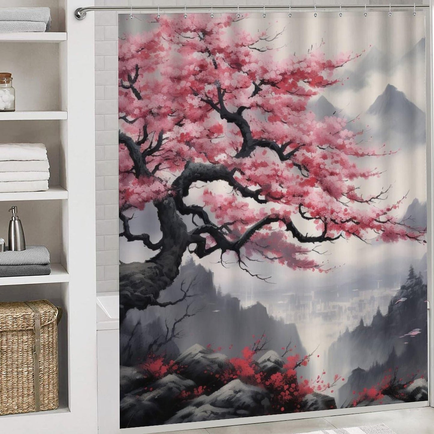 SOPIYRIO 4Pcs Cherry Blossom Pink Floral Shower Curtain Sets with Non-Slip Rugs,Toilet Lid Cover and Bath Mat, Japanese Style Shower Curtain with 12 Hooks,Bath Shower Curtain for Bathroom Decor