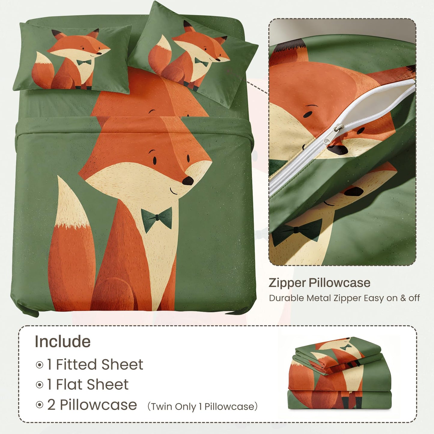 Fox Twin Bedding Set Cartoon Animal Sheet Sets, Orange Green