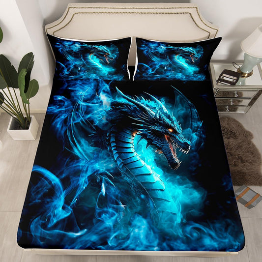 3D Dragon Fitted Sheet Queen Size,Black Blue Foggy Bedding Set 3Pcs,Western Magical Theme Animals Bed Sheet for Kids Boys Men Adult Room Decor,Cool Flying Dragon Deep Pocket Sheet,2 Pillowcases