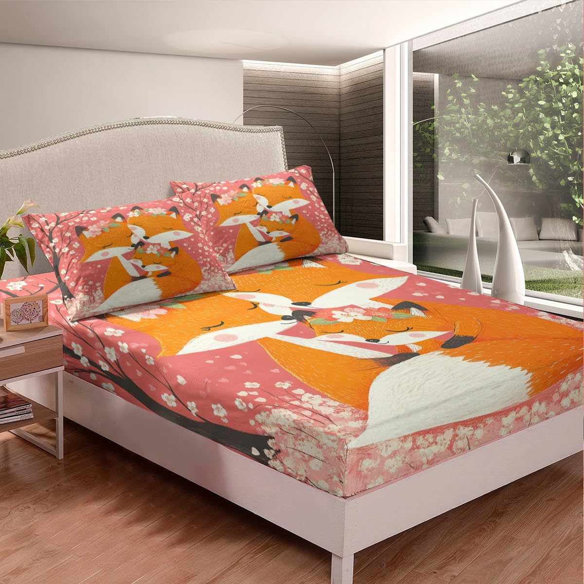 Feelyou Kids Cute Fox Bed Sheet Set Full Size, Woodland Fox Fitted Sheet Boys Girls Cartoon Animal Bedding Set Nature Wildlife Teens Bed Cover Bedroom Decor with 2 Pillow Case (No Flat Sheet)