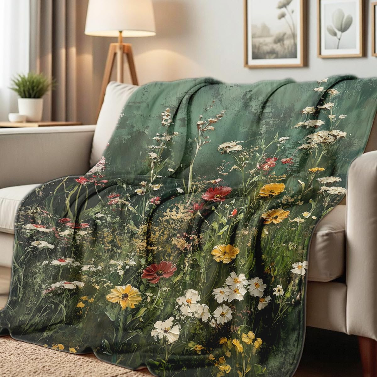 HUNXIAOJ Wildflower Print Blanket Flower Throw Blanket for Couch Bed Chair Soft Green Floral Flannel Throw Wildflower Decor Gifts (49"x59")