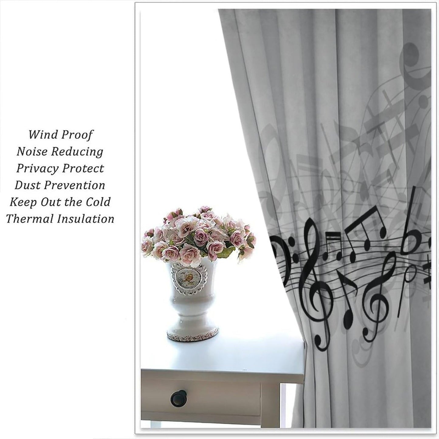 Djaby Music Notes Curtain, Musical Notes Rhythm of The Song Curtain Black and White Singing Clef Ornamental Window Treatments for Bedroom Living Room Home 42" W X 45" L(No Blackout)