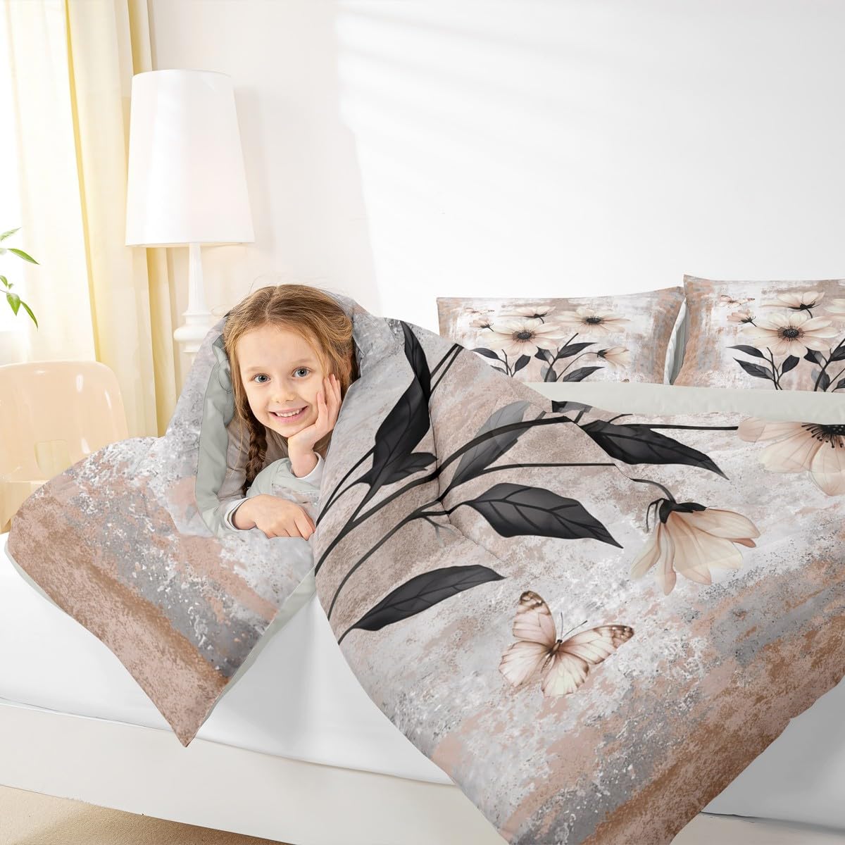 Erosebridal Watercolor Daisy Flowers Queen Comforter Set Abstract Oil Painting Bedding Set Rustic Farmhouse Bed Set Ombre Beige Brown Grey White Quilt Set